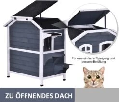 PawHut Kattenhuis Voor Buiten Kattenhut Met 2 Verdiepingen Kattenvilla, Asfaltdak, Massief Hout Grijs D30-236 20 PawHut Kattenhuis Voor Buiten Kattenhut Met 2 Verdiepingen Kattenvilla, Asfaltdak, Massief Hout Grijs D30-236 -Katten En Honden Verkoop Winkel 1200x1026 4