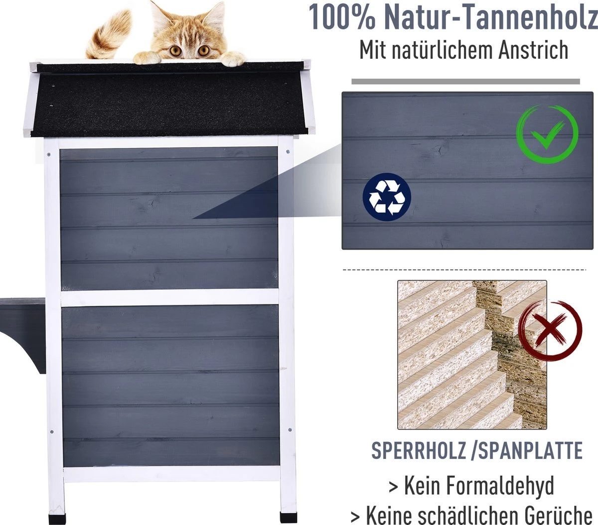 PawHut Kattenhuis Voor Buiten Kattenhut Met 2 Verdiepingen Kattenvilla, Asfaltdak, Massief Hout Grijs D30-236 8 PawHut Kattenhuis Voor Buiten Kattenhut Met 2 Verdiepingen Kattenvilla, Asfaltdak, Massief Hout Grijs D30-236 - Afbeelding 8