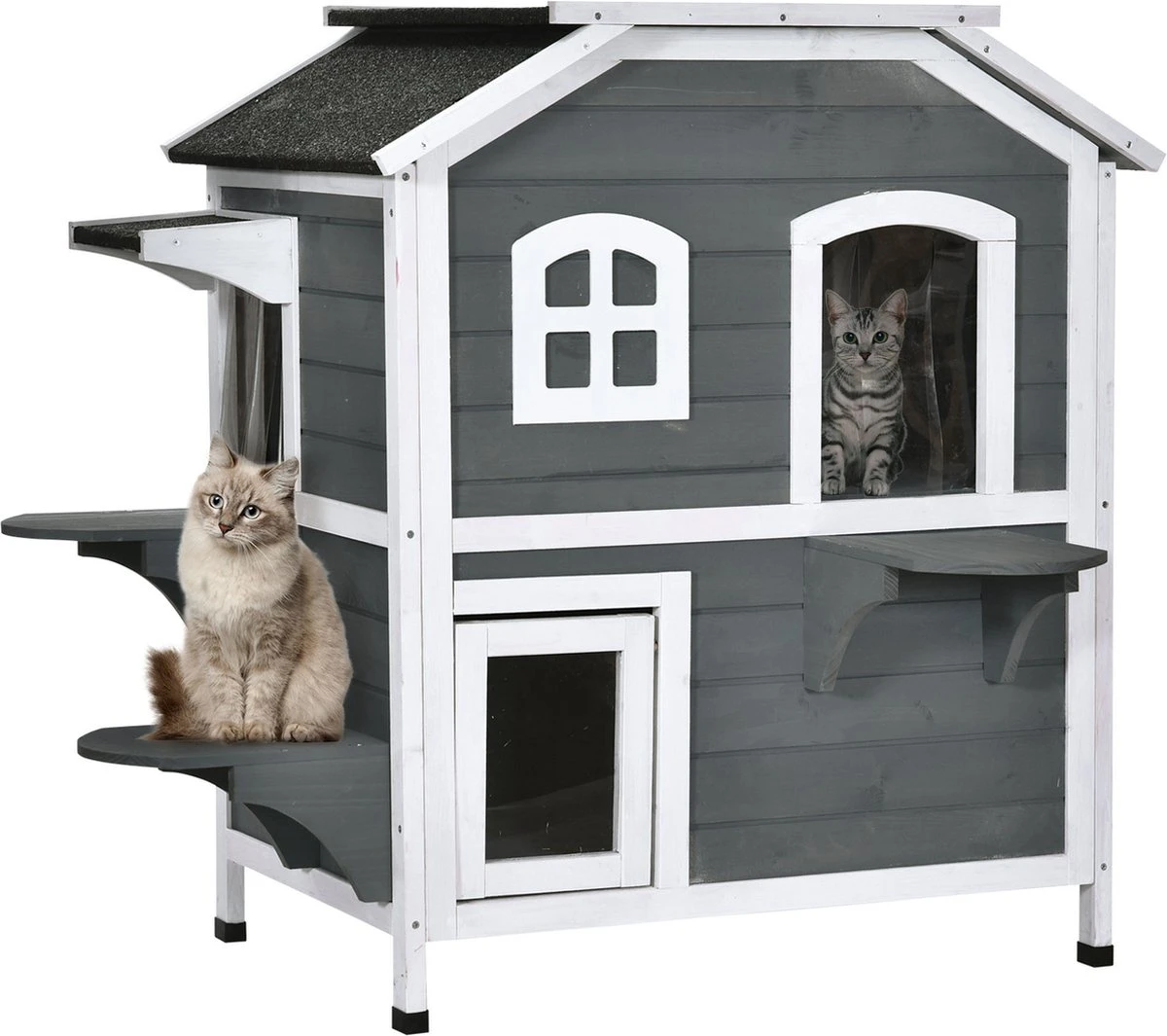 PawHut Kattenhuis Voor Buiten Kattenhut Met 2 Verdiepingen Kattenvilla, Asfaltdak, Massief Hout Grijs D30-236 1 PawHut Kattenhuis Voor Buiten Kattenhut Met 2 Verdiepingen Kattenvilla, Asfaltdak, Massief Hout Grijs D30-236