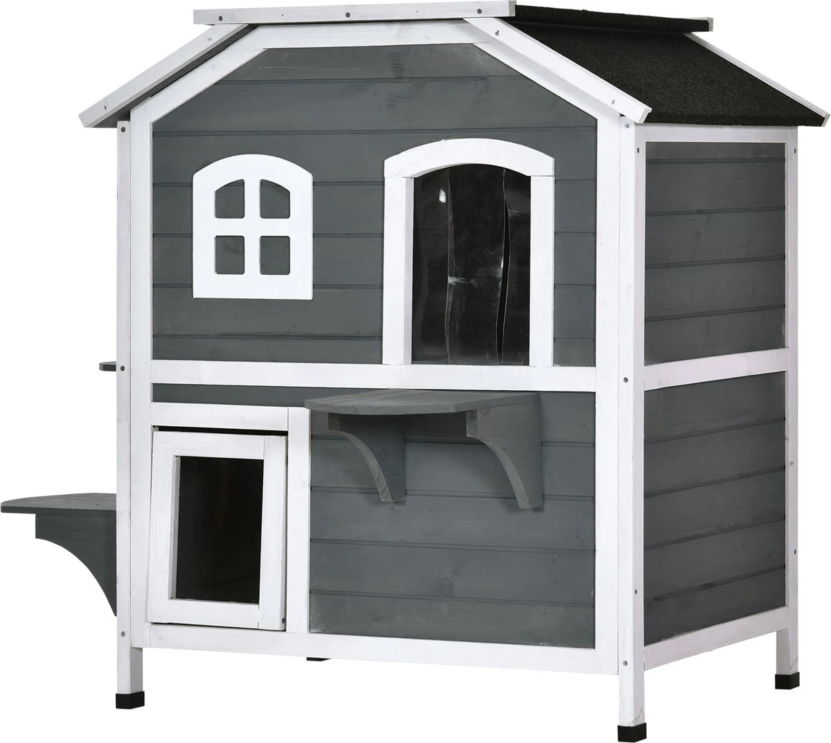 PawHut Kattenhuis Voor Buiten Kattenhut Met 2 Verdiepingen Kattenvilla, Asfaltdak, Massief Hout Grijs D30-236 6 PawHut Kattenhuis Voor Buiten Kattenhut Met 2 Verdiepingen Kattenvilla, Asfaltdak, Massief Hout Grijs D30-236 - Afbeelding 6