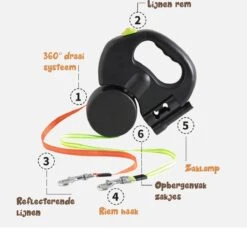 Dubbele Honden Riem – Leiband Hond – Hondenlijn – Looplijn Hond – 2 Honden – 3 Meter – Tot 12kg Per Hond – Reflecterende Lijnen – Met Zaklamp – 360° Draaien – Verstelbaar - Zwart -Katten En Honden Verkoop Winkel 1200x1111 1