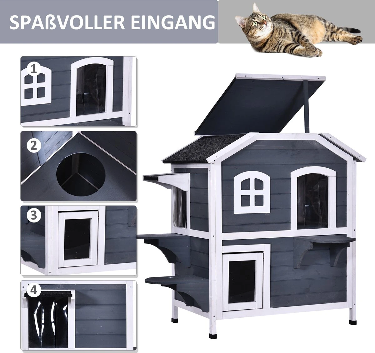 PawHut Kattenhuis Voor Buiten Kattenhut Met 2 Verdiepingen Kattenvilla, Asfaltdak, Massief Hout Grijs D30-236 7 PawHut Kattenhuis Voor Buiten Kattenhut Met 2 Verdiepingen Kattenvilla, Asfaltdak, Massief Hout Grijs D30-236 - Afbeelding 7