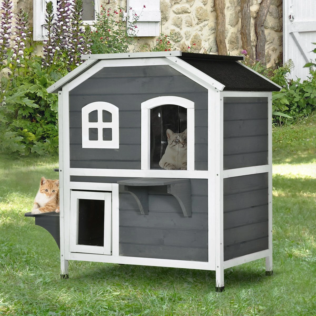 PawHut Kattenhuis Voor Buiten Kattenhut Met 2 Verdiepingen Kattenvilla, Asfaltdak, Massief Hout Grijs D30-236 2 PawHut Kattenhuis Voor Buiten Kattenhut Met 2 Verdiepingen Kattenvilla, Asfaltdak, Massief Hout Grijs D30-236 - Afbeelding 2
