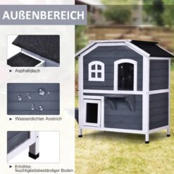 PawHut Kattenhuis Voor Buiten Kattenhut Met 2 Verdiepingen Kattenvilla, Asfaltdak, Massief Hout Grijs D30-236 19 PawHut Kattenhuis Voor Buiten Kattenhut Met 2 Verdiepingen Kattenvilla, Asfaltdak, Massief Hout Grijs D30-236 -Katten En Honden Verkoop Winkel 1200x1200 458