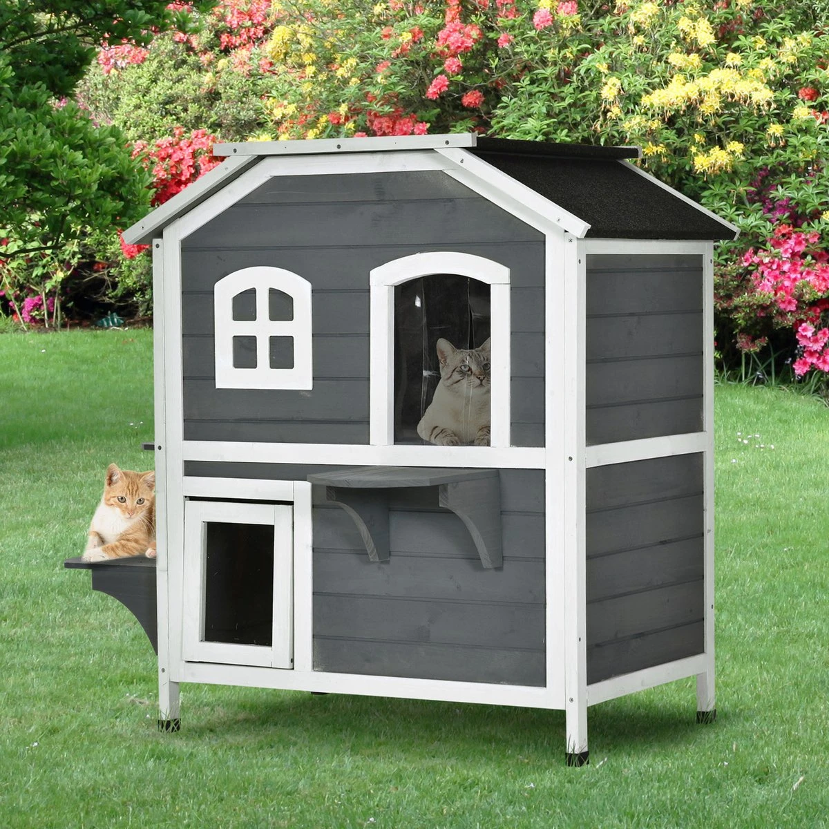 PawHut Kattenhuis Voor Buiten Kattenhut Met 2 Verdiepingen Kattenvilla, Asfaltdak, Massief Hout Grijs D30-236 11 PawHut Kattenhuis Voor Buiten Kattenhut Met 2 Verdiepingen Kattenvilla, Asfaltdak, Massief Hout Grijs D30-236 - Afbeelding 11
