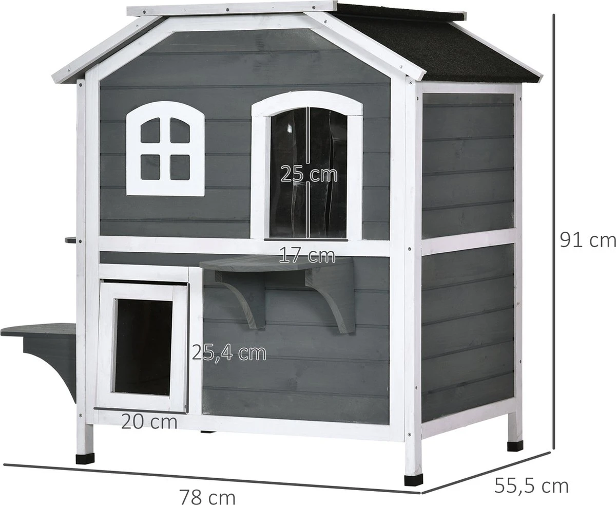 PawHut Kattenhuis Voor Buiten Kattenhut Met 2 Verdiepingen Kattenvilla, Asfaltdak, Massief Hout Grijs D30-236 5 PawHut Kattenhuis Voor Buiten Kattenhut Met 2 Verdiepingen Kattenvilla, Asfaltdak, Massief Hout Grijs D30-236 - Afbeelding 5
